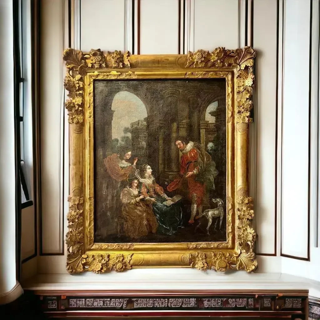 Mid 18th Century Oil Painting Depicting A Scene With Courtesans On Canvas photo furniture