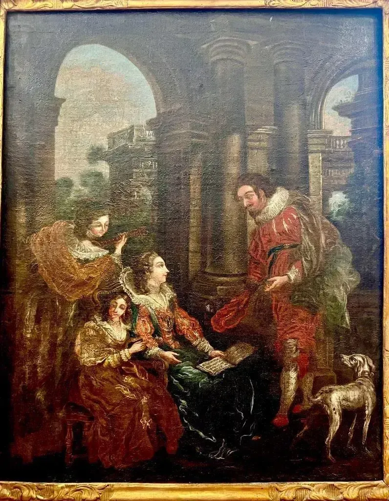 Mid 18th Century Oil Painting Depicting A Scene With Courtesans On Canvas photo 5719.0