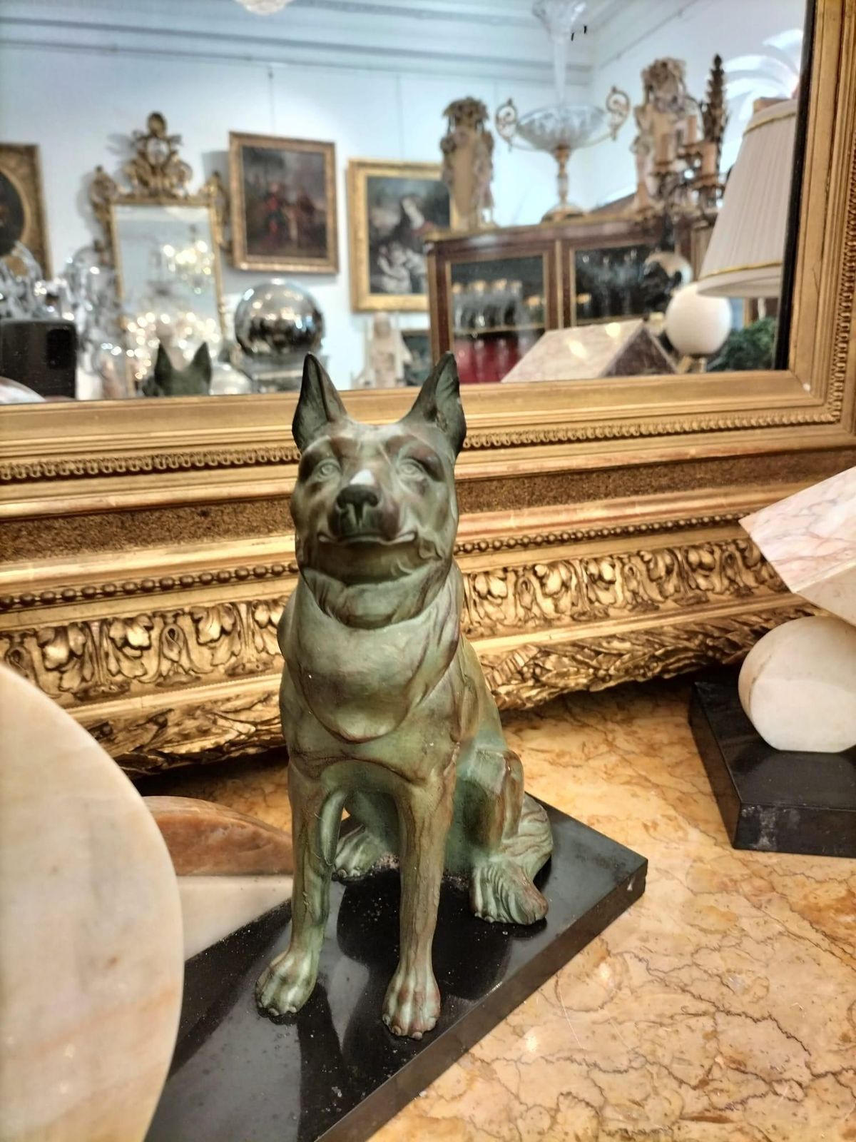 Art Deco Mantel Clock In Marble And With A Wolf Statue In Bronze Patina photo furniture
