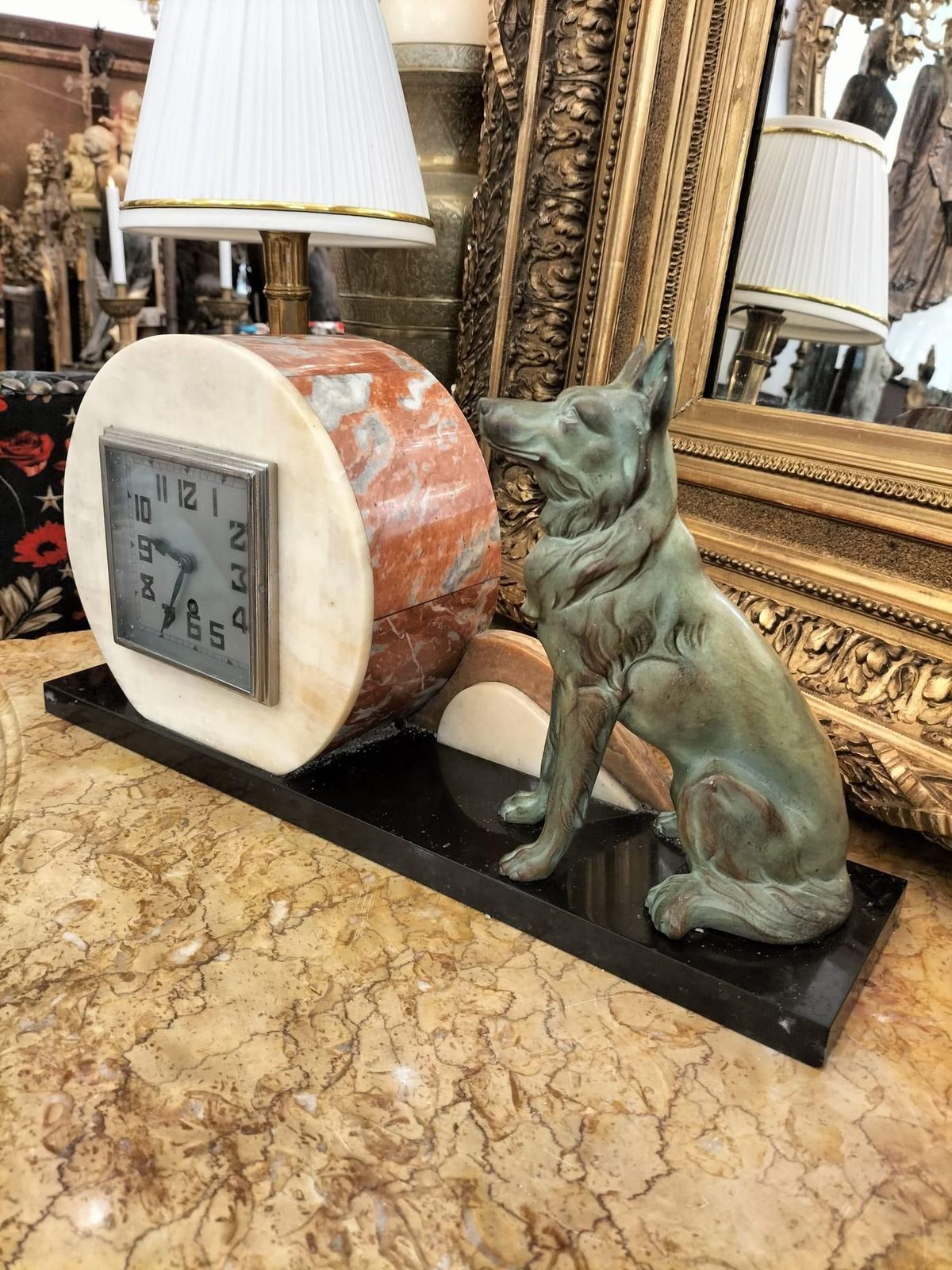 Art Deco Mantel Clock In Marble And With A Wolf Statue In Bronze Patina photo vintage