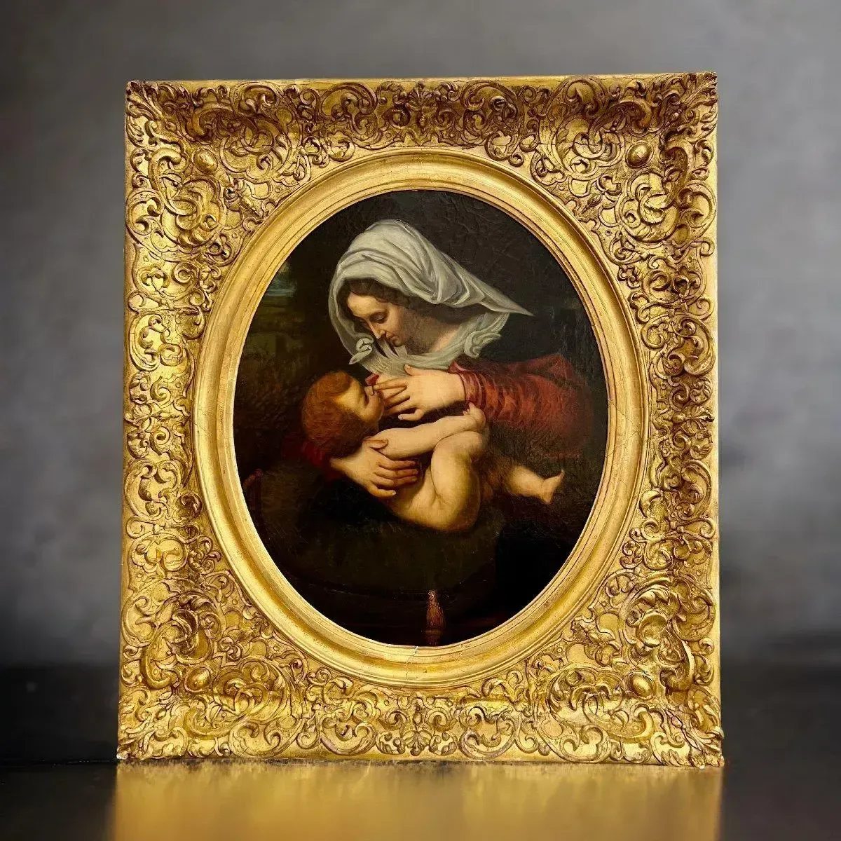 Virgin And Child, Oil Painting In Carved Gilded Frame, 19th Century photo furniture