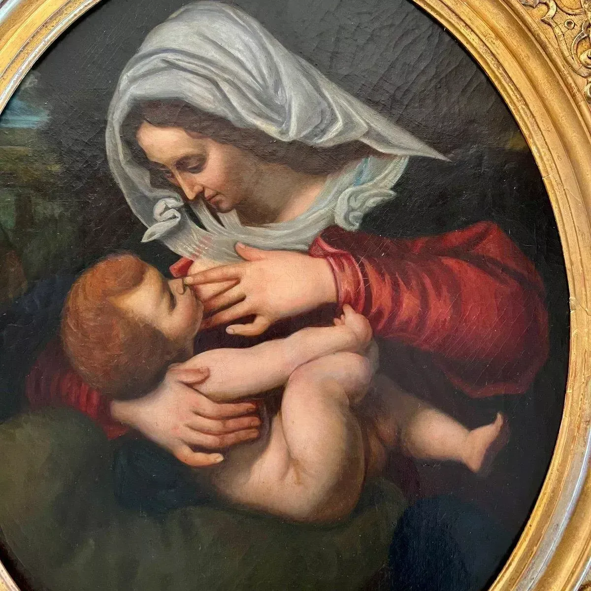 Virgin And Child, Oil Painting In Carved Gilded Frame, 19th Century photo for sale