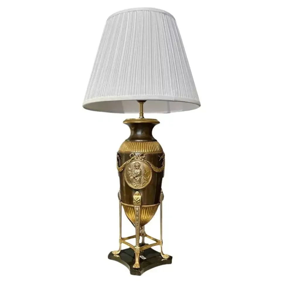 19th Century Empire Style Lamp In Gilt Bronze And Brown Patina With Marble Base