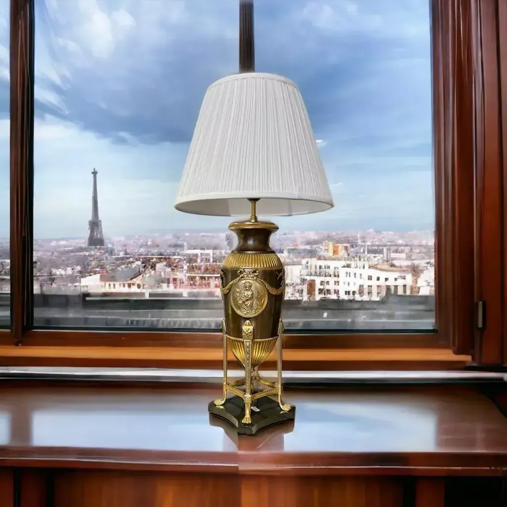 Lighting 19th Century Empire Style Lamp In Gilt Bronze And Brown Patina With Marble Base photo