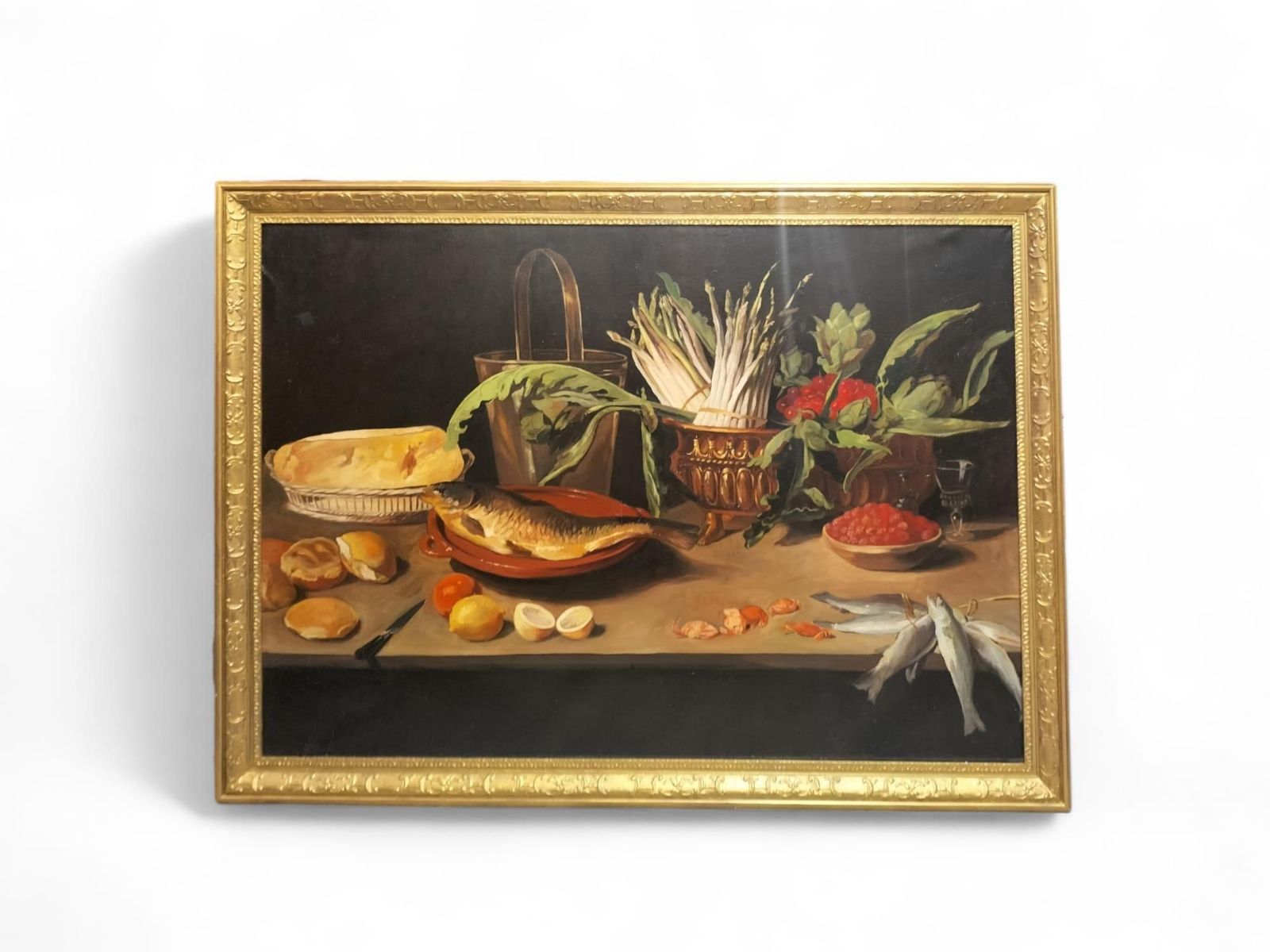 Large Still Life With Fish Oil On Canvas In Gilded Frame, 152cm X 112cm photo Art