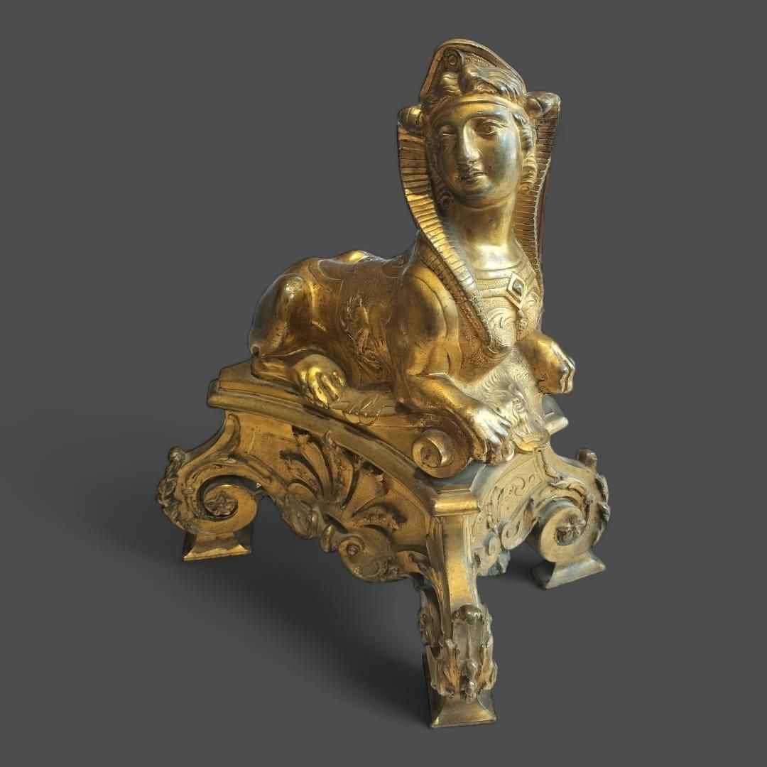Pair Of 19th Century Gilt Bronze Fire Dogs In The Ancient Egyptian Style photo vintage