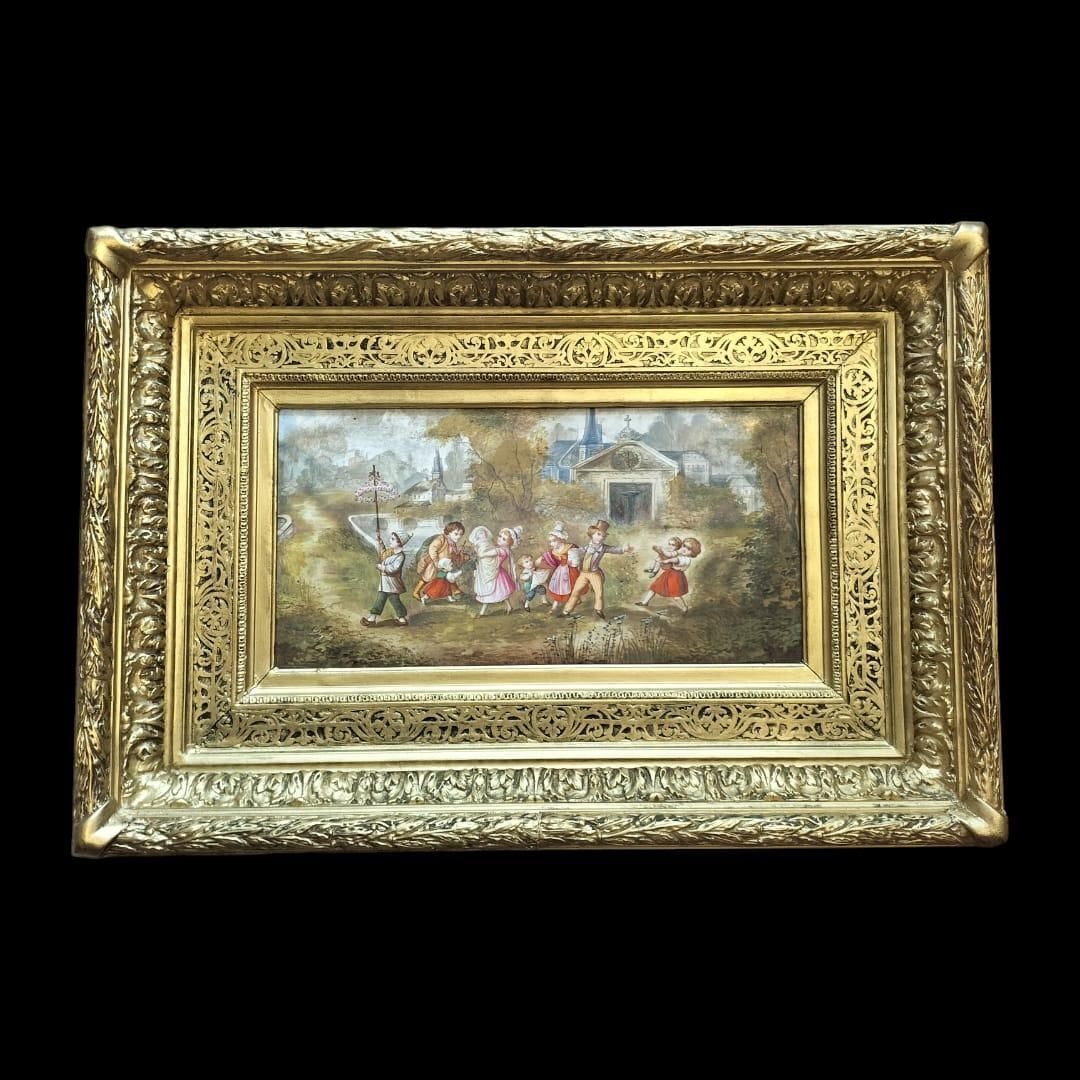 19th Century Porcelain Painting In Large Gilded Frame photo Art