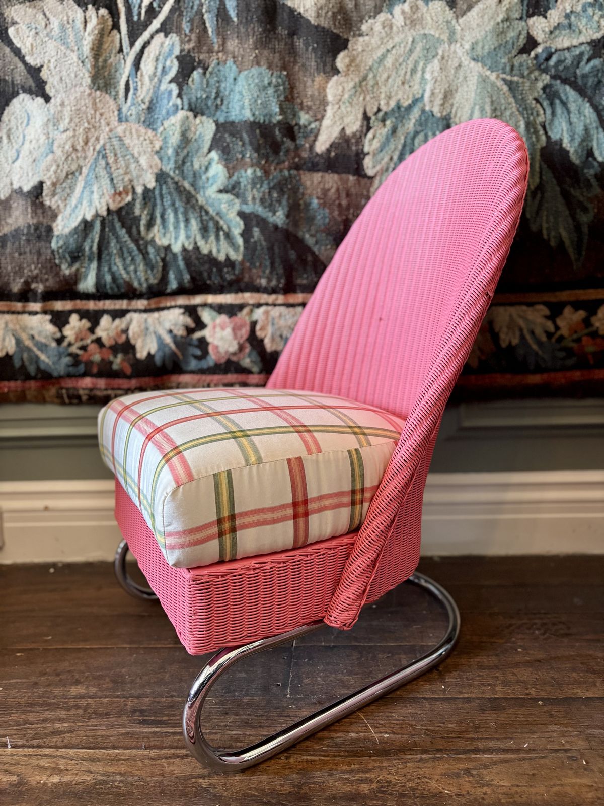 Antique Lloyd Loom Style  Pink Chair With Sprung Seat