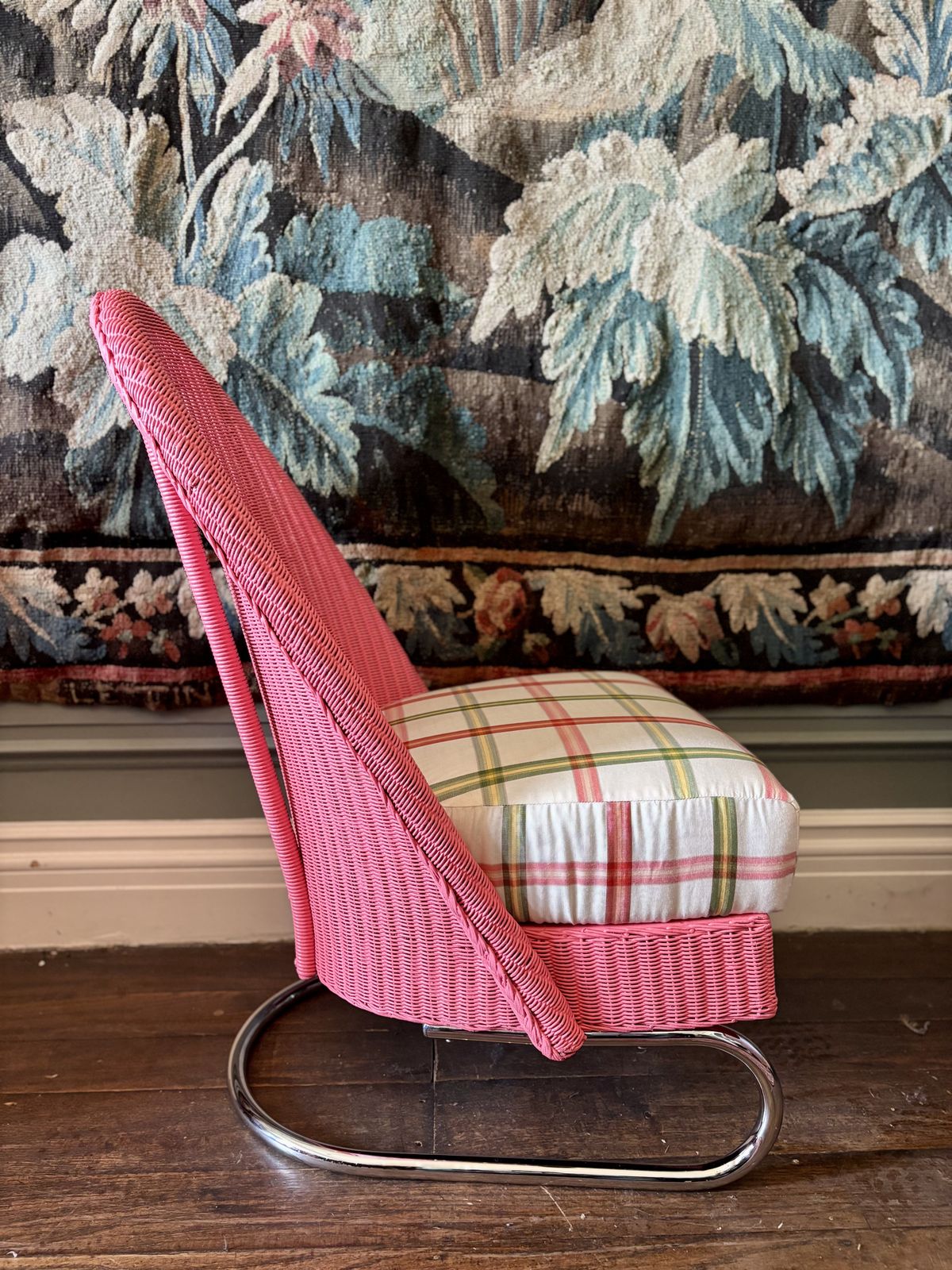 Antique Lloyd Loom Style  Pink Chair With Sprung Seat photo vintage