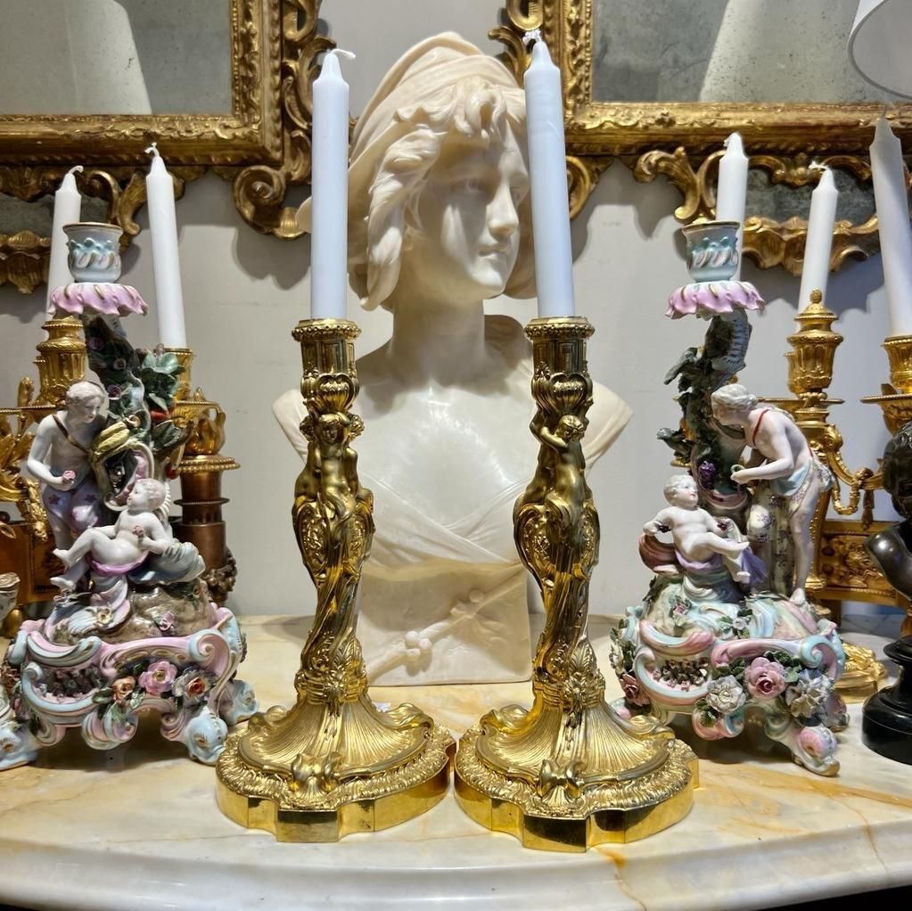 19th Century Gilt Bronze Candleholders, In The Style Of Ernest Meissonier photo buy