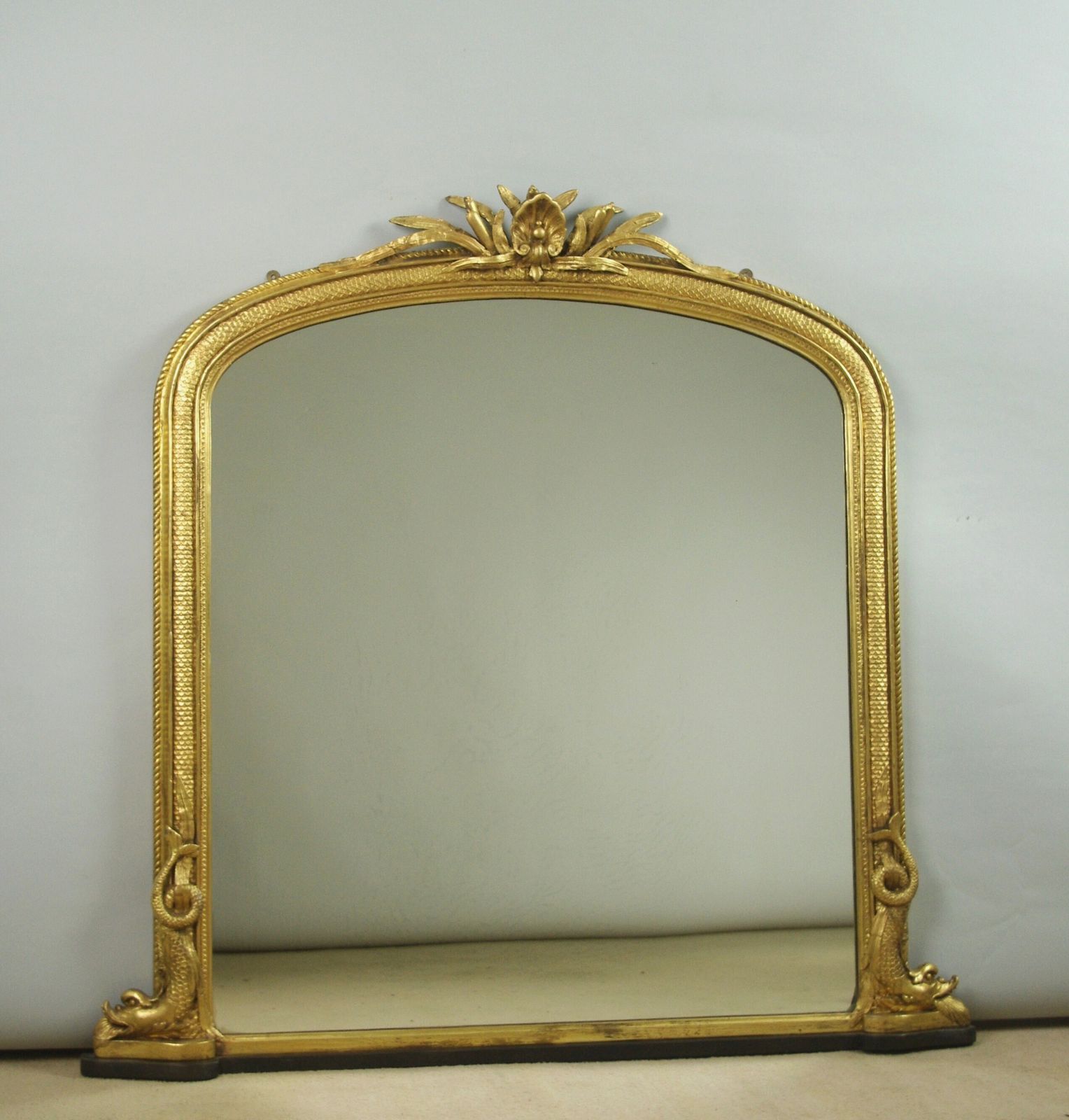 Victorian Gilt Arch Top Overmantle Mirror With Mythical Fish Dolphin Decoration