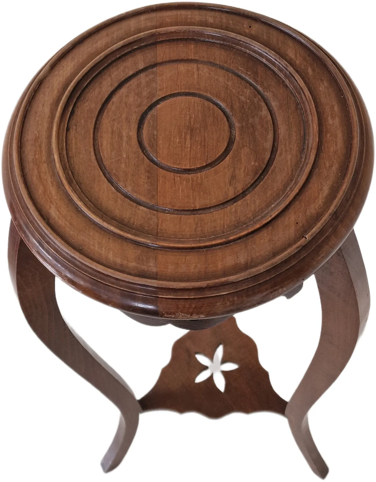 Antique French Compact Curved Leg Round Top Wooden Plant Stand With Decorative Carving Detail photo furniture