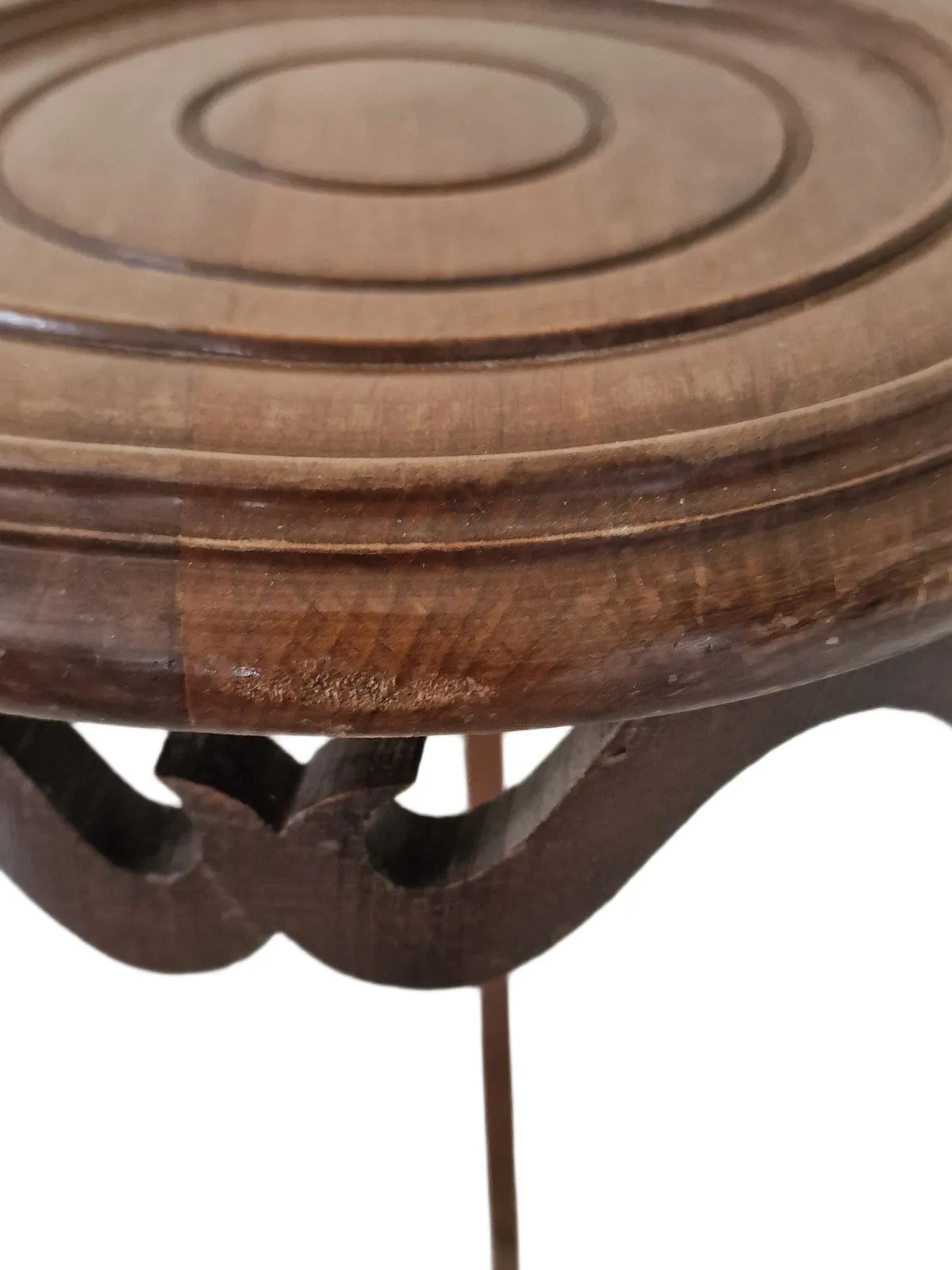 Antique French Compact Curved Leg Round Top Wooden Plant Stand With Decorative Carving Detail photo for sale