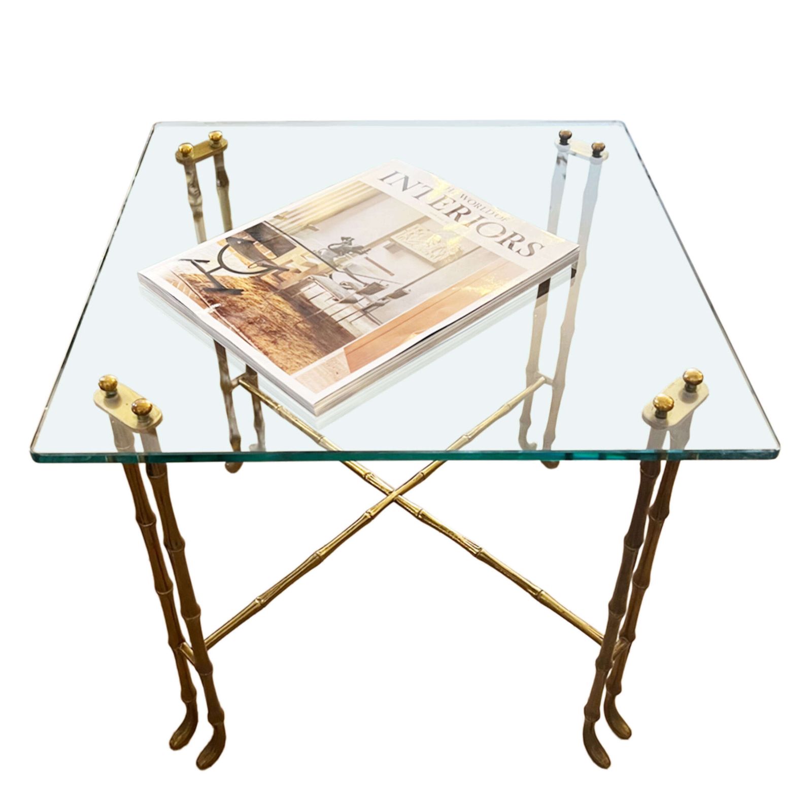 Pair Of French 1970s Faux Bamboo Brass And Glass Side Tables photo for sale