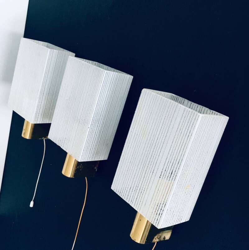 Lighting Midcentury Design Brass & Glass Sconce Wall Lamp Set, France 1960's photo