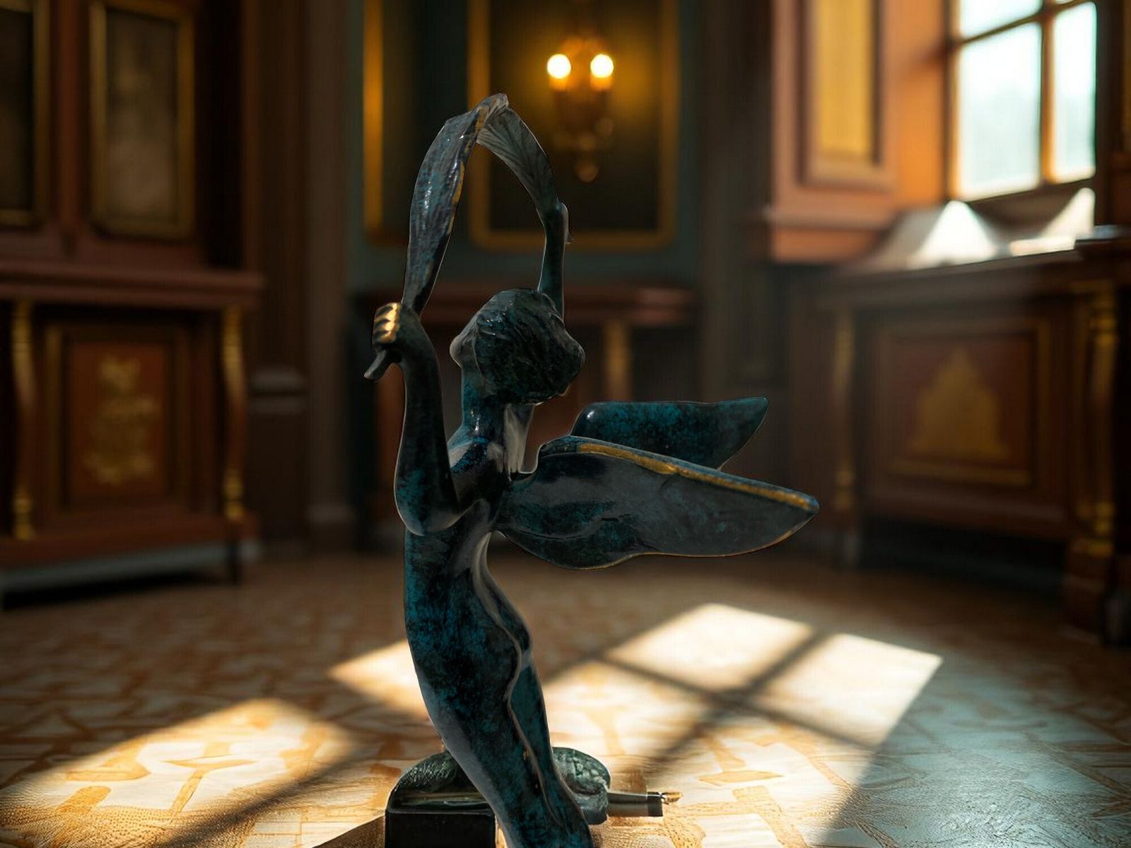 photo buy Elegant Bronze Woman Sculpture Of Victory With Marble Base – Exquisite Art Deco Masterpiece 34 Centimeters High
