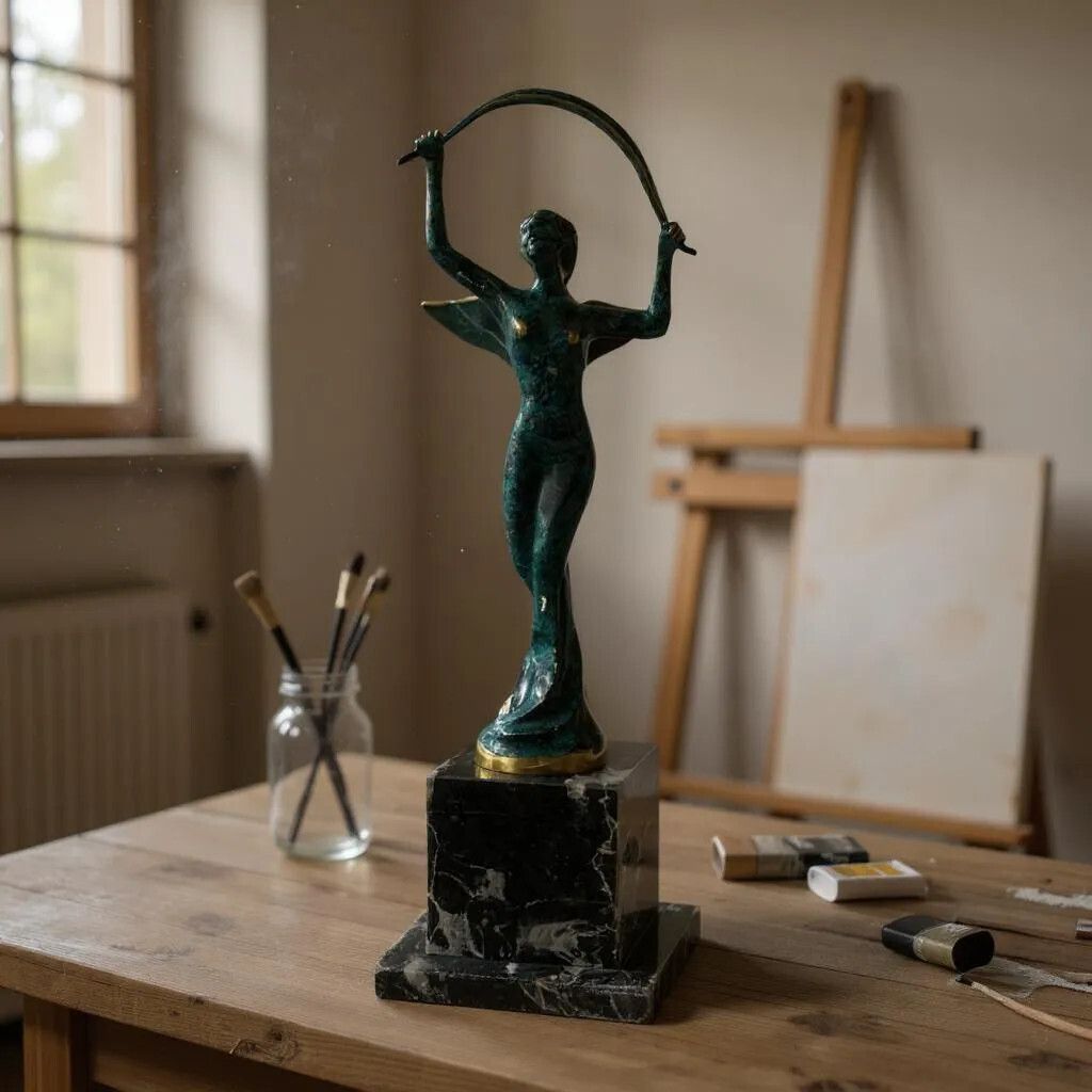 Elegant Bronze Woman Sculpture Of Victory With Marble Base – Exquisite Art Deco Masterpiece 34 Centimeters High