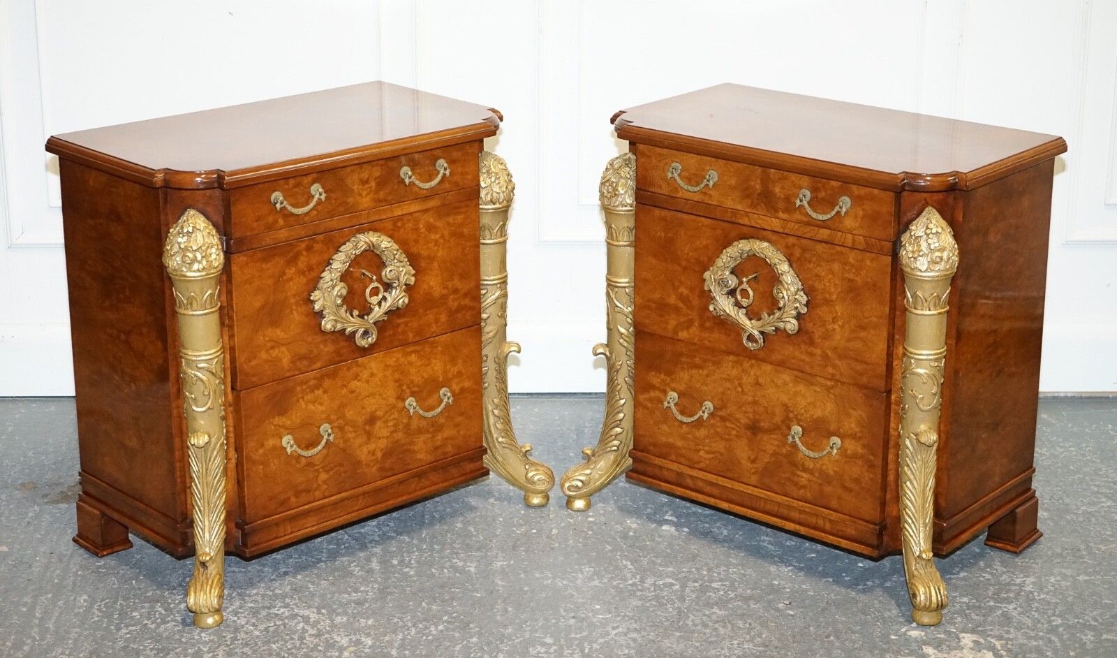 Stunning Pair French Empire Style Gold Detailed Burr Walnut Bedsides Nightstands photo furniture