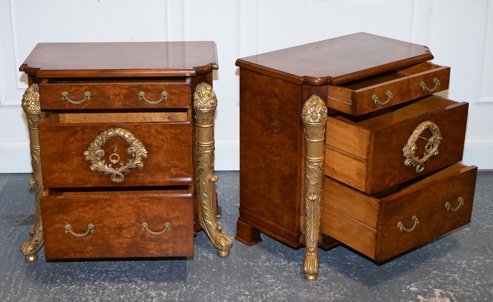 Stunning Pair French Empire Style Gold Detailed Burr Walnut Bedsides Nightstands photo Furniture