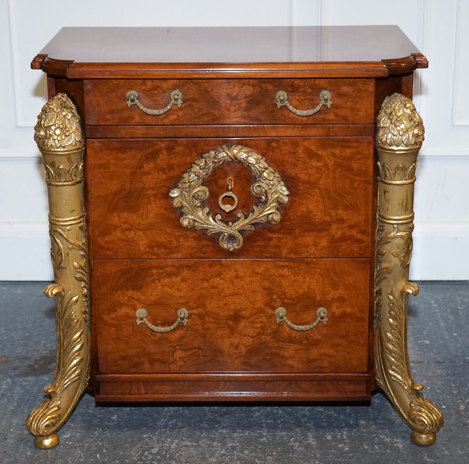 Stunning Pair French Empire Style Gold Detailed Burr Walnut Bedsides Nightstands photo 2650.0