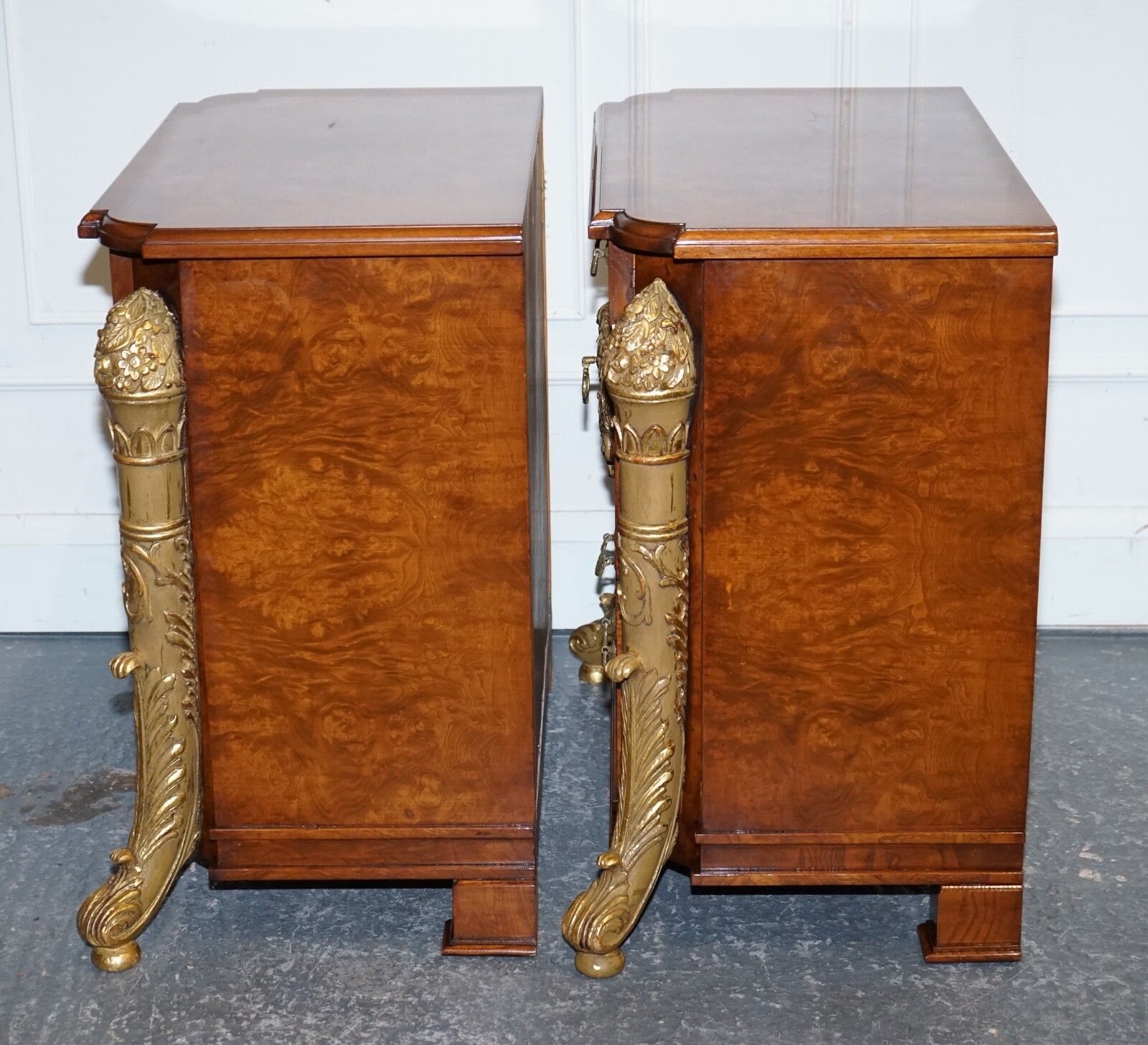 Furniture Stunning Pair French Empire Style Gold Detailed Burr Walnut Bedsides Nightstands photo