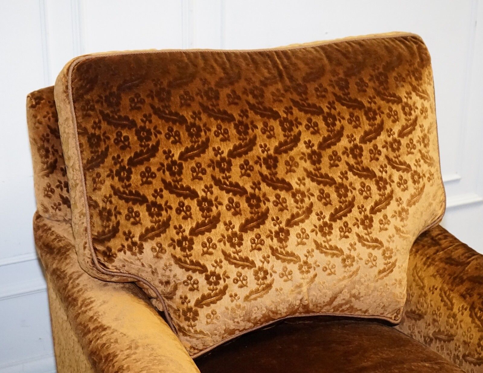 photo for sale Vintage Pair Custom Made Brown Gold Velvet Connaught Armchairs By Dudgeon London