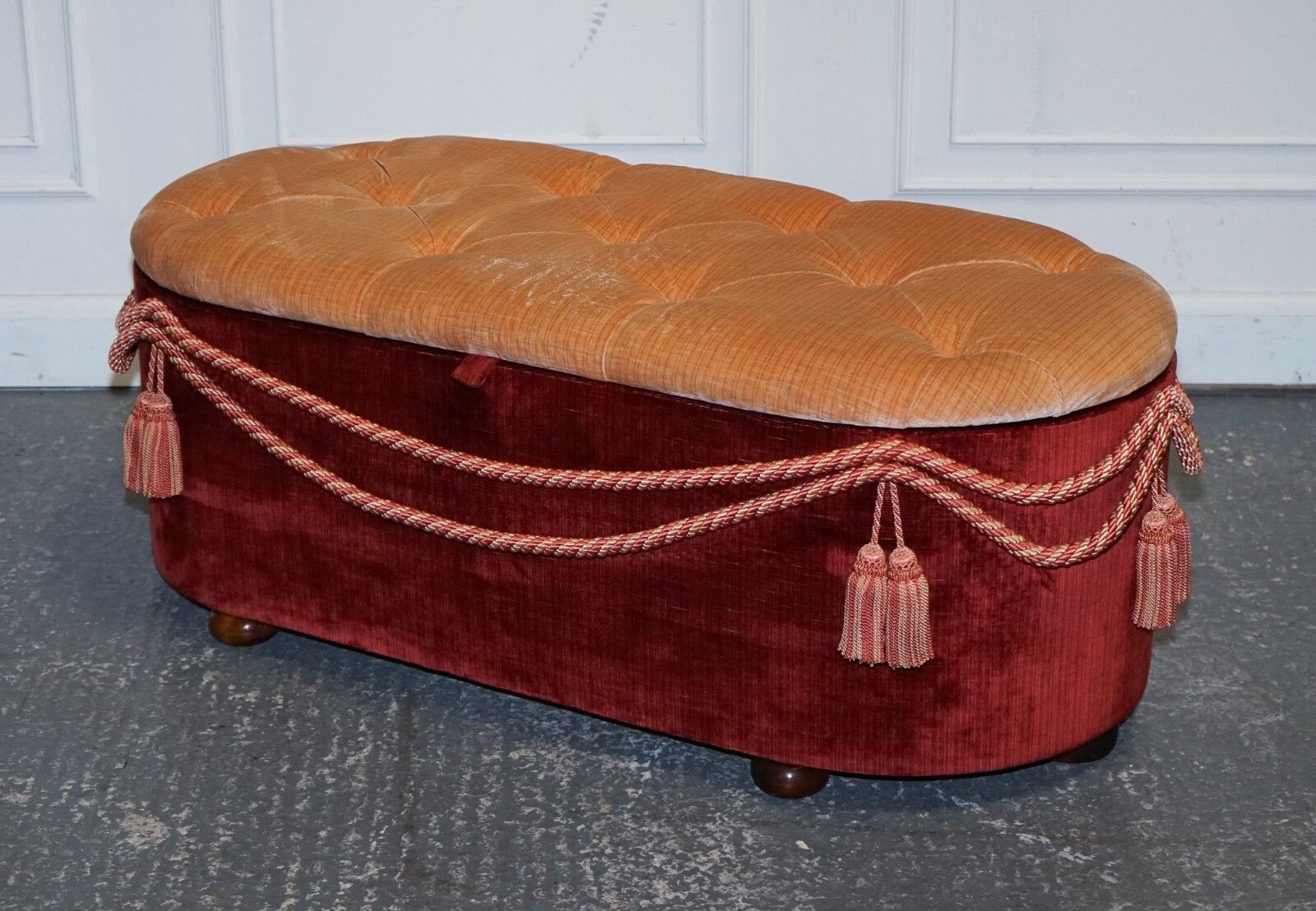 Antique Victorian Fabric Ottoman Blanket Bed End Storage Box With Tassel Accents photo for sale