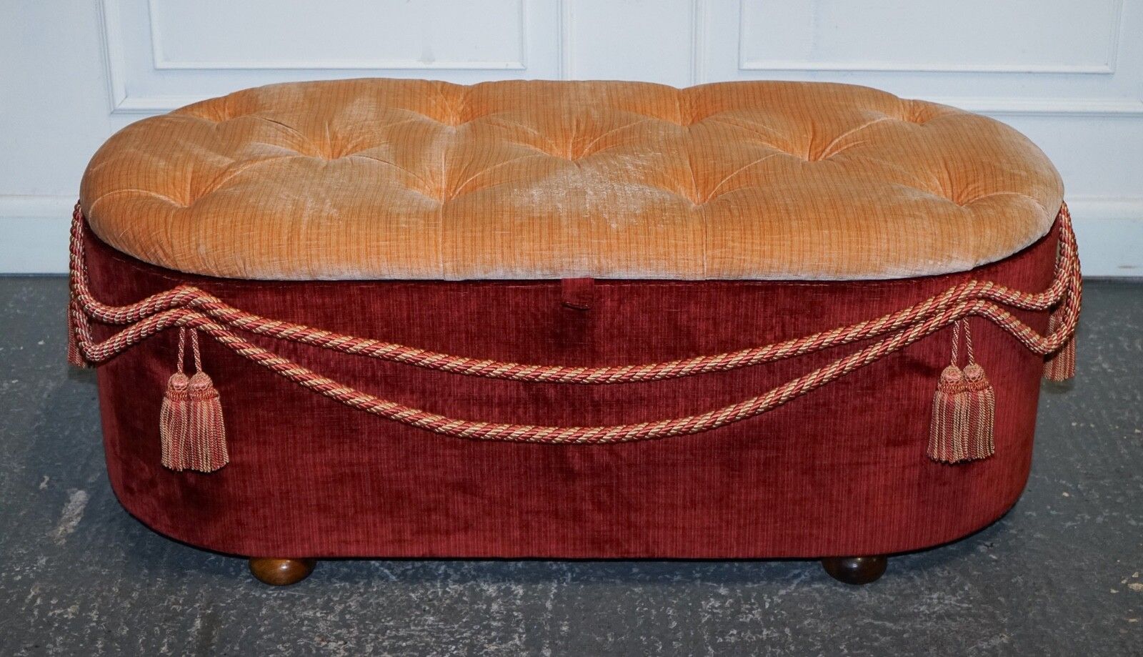 Antique Victorian Fabric Ottoman Blanket Bed End Storage Box With Tassel Accents photo Furniture