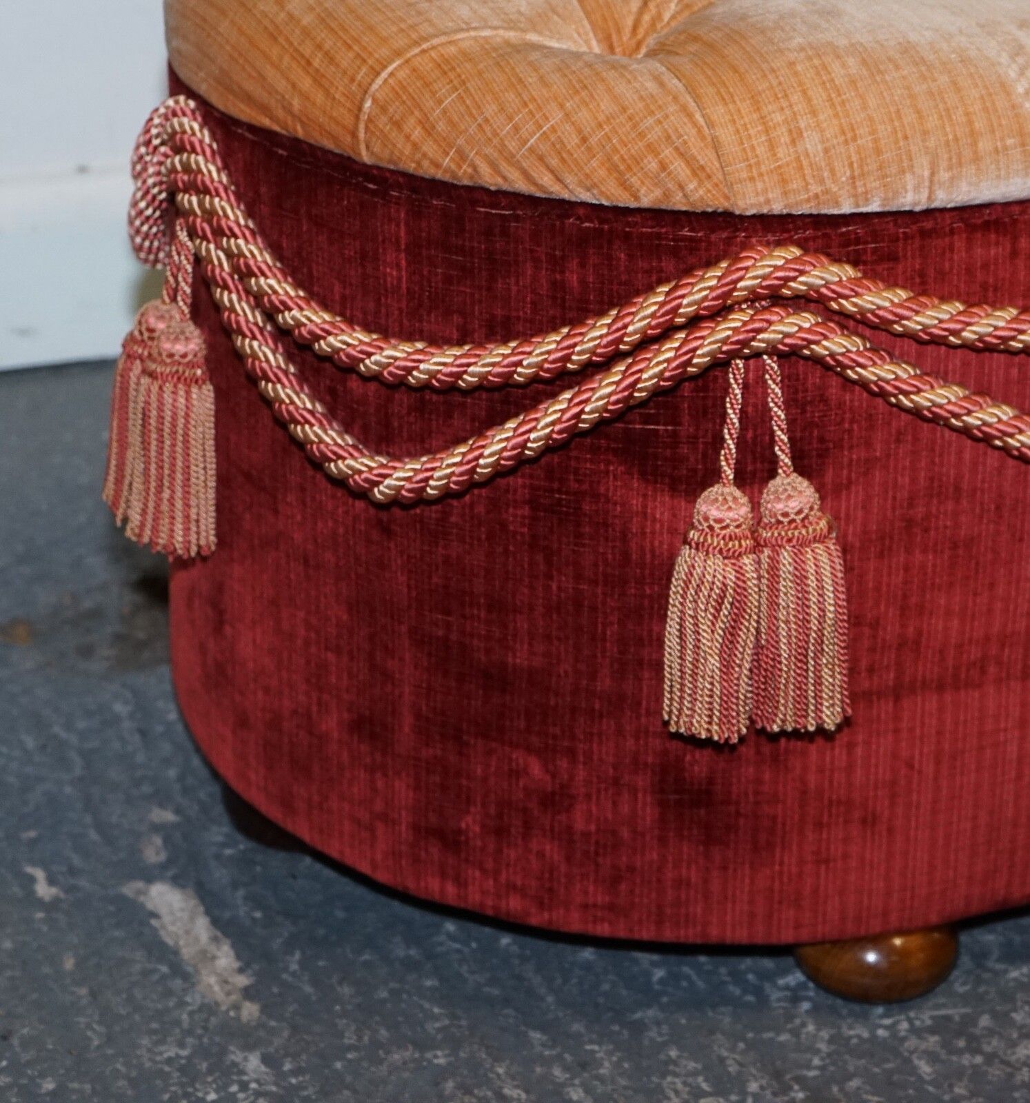 Antique Victorian Fabric Ottoman Blanket Bed End Storage Box With Tassel Accents photo vintage