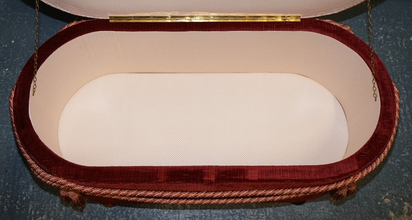 850.0 Antique Victorian Fabric Ottoman Blanket Bed End Storage Box With Tassel Accents photo