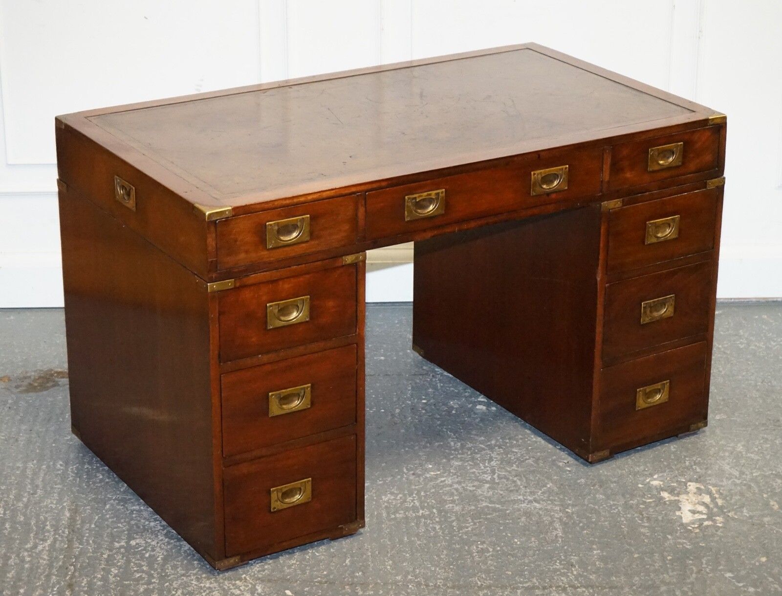 Fully Restored Bevan Funnell Military Campaign Twin Pedestal Desk Brown Leather photo furniture