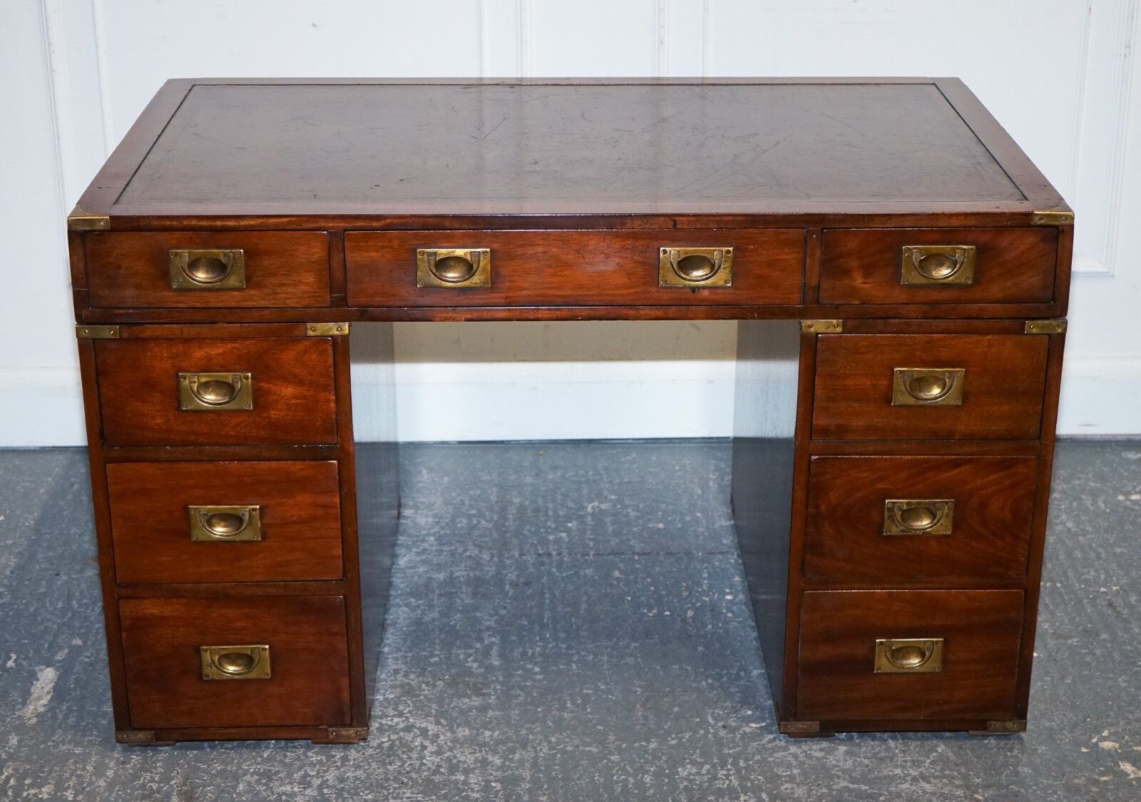 Fully Restored Bevan Funnell Military Campaign Twin Pedestal Desk Brown Leather photo for sale
