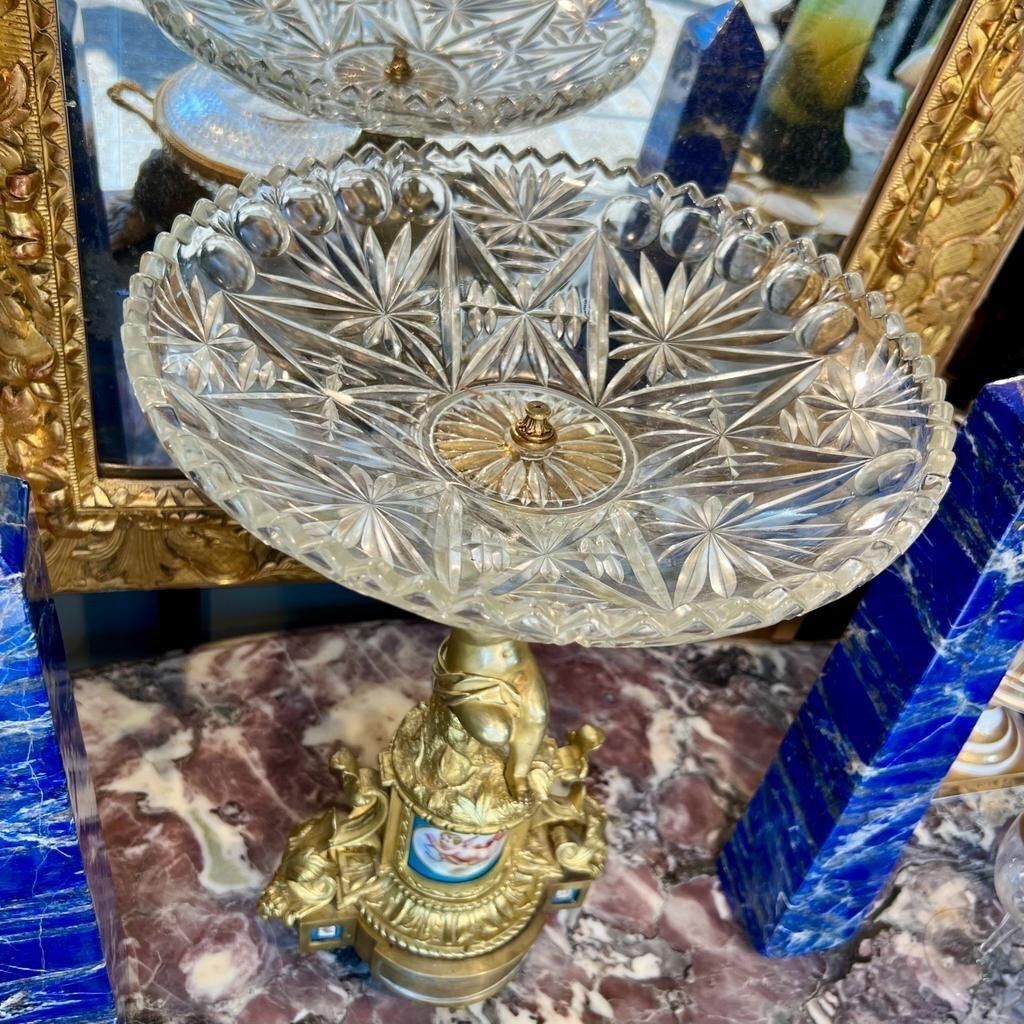19th Century Cut Crystal Bowl On A Gilt Bronze Pedestal With Putti Motifs photo for sale
