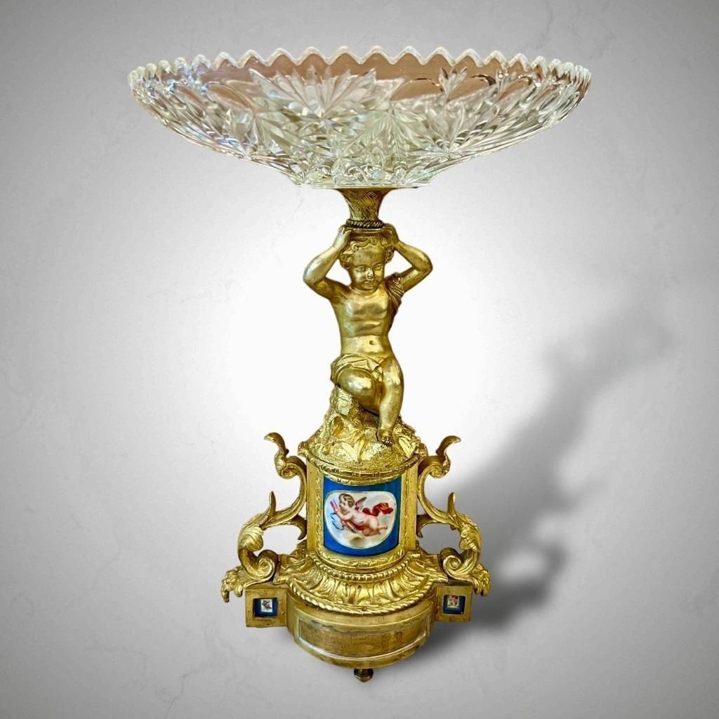 19th Century Cut Crystal Bowl On A Gilt Bronze Pedestal With Putti Motifs photo buy