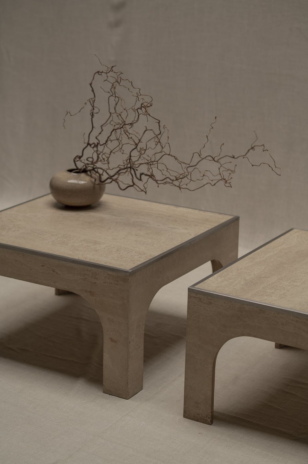 Architectural Set Of Travertine Coffee Tables, After Willy Ballez photo buy