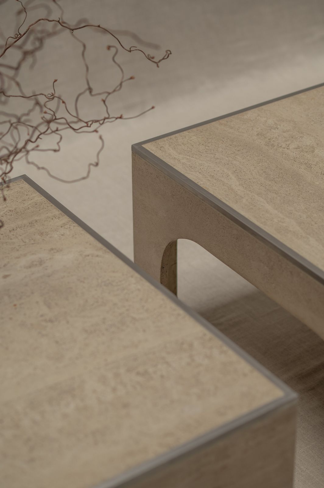 photo furniture Architectural Set Of Travertine Coffee Tables, After Willy Ballez