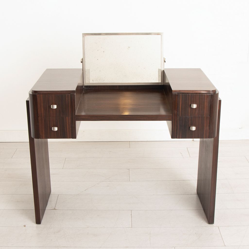 Compact French Art Deco Macassar Dressing Table With Chrome Mirror & 4 Drawers photo furniture