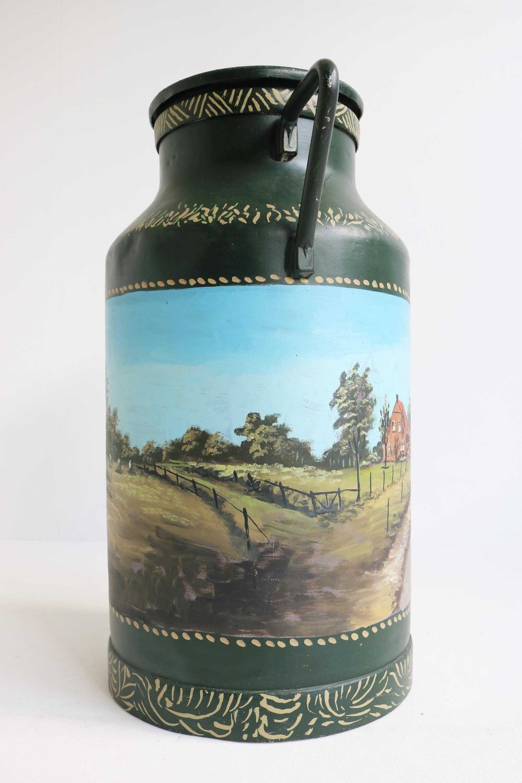 Elegant Vintage French Milk Can – Hand Painted Countryside Scene, Rustic Farmhouse Decor photo 379.0