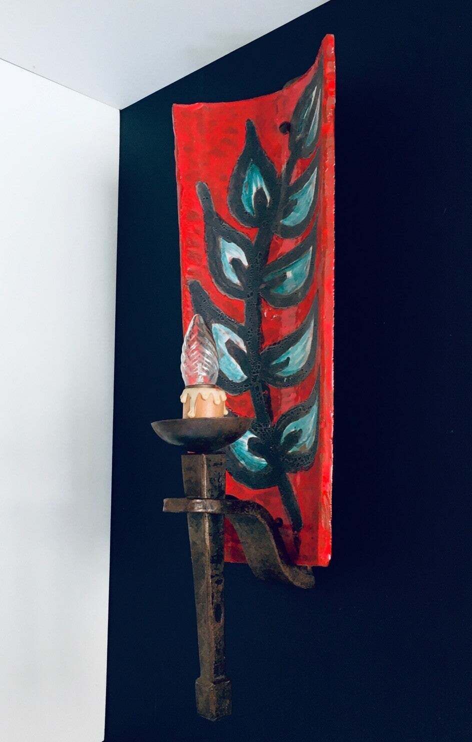Stoneware Artist Made Rooftile Wall Lamp, France 1960's photo furniture
