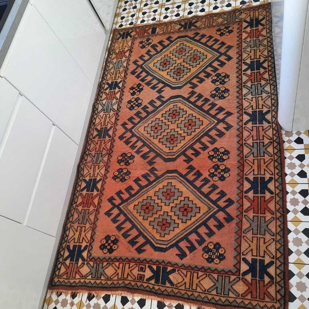 Vintage Turkish Kurdish Wool Rug Hand Knotted Tribal Red Blue Area Carpet 80'' By 52'' photo 180.0