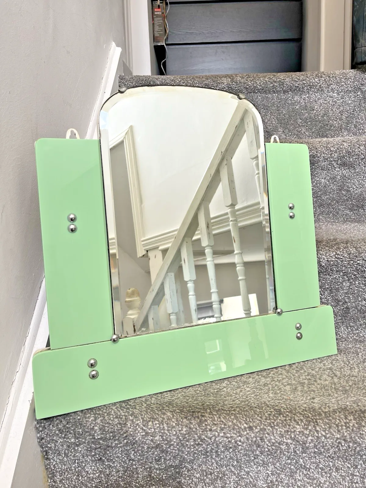 Home Decor Antique 30s Art Deco Arched Bevelled Green Vitrolite Bathroom Mantel Wall Mirror photo