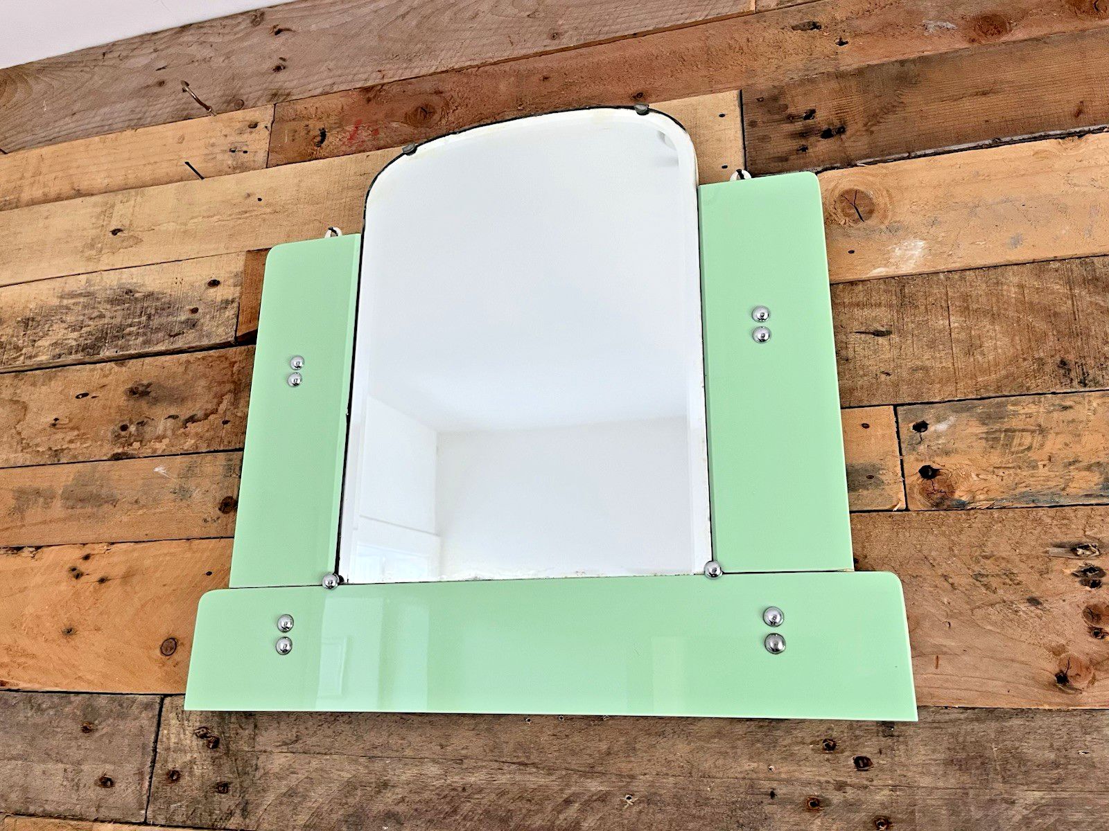 photo buy Antique 30s Art Deco Arched Bevelled Green Vitrolite Bathroom Mantel Wall Mirror