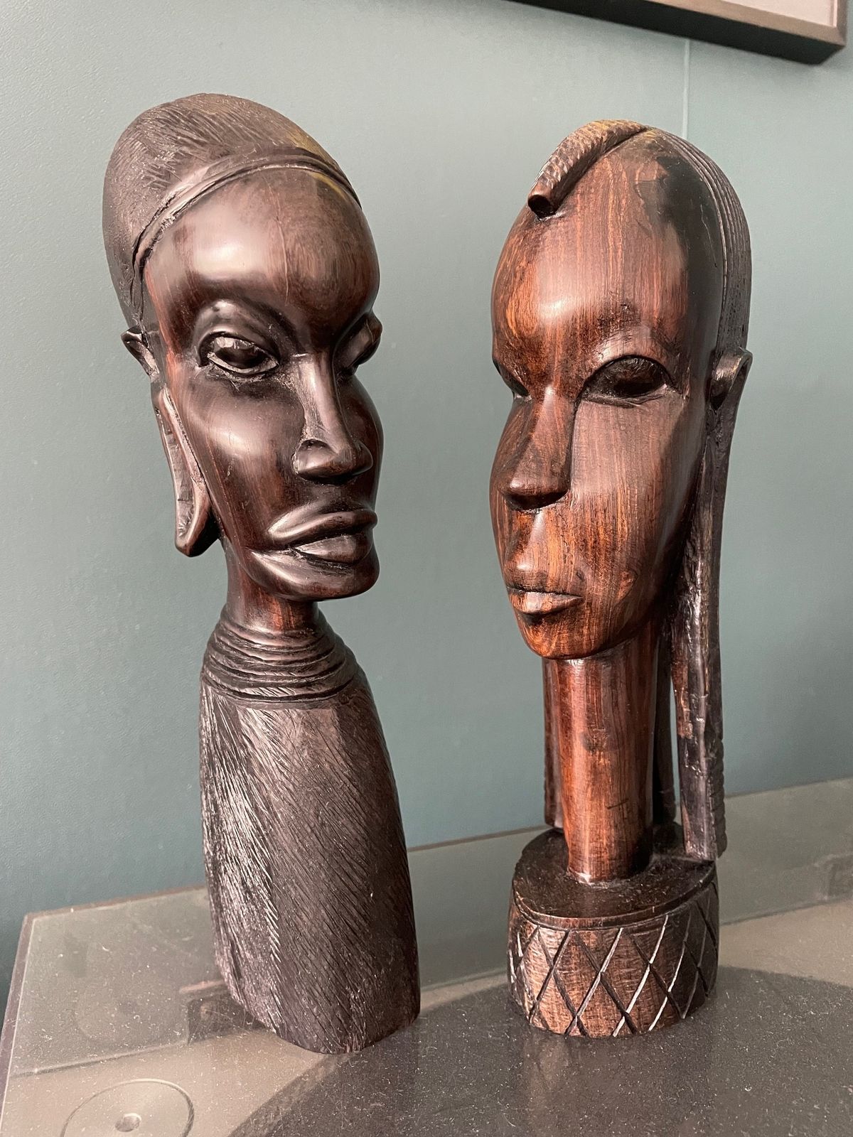 Pair Of Male And Female Ebony Hand Carved African Busts
