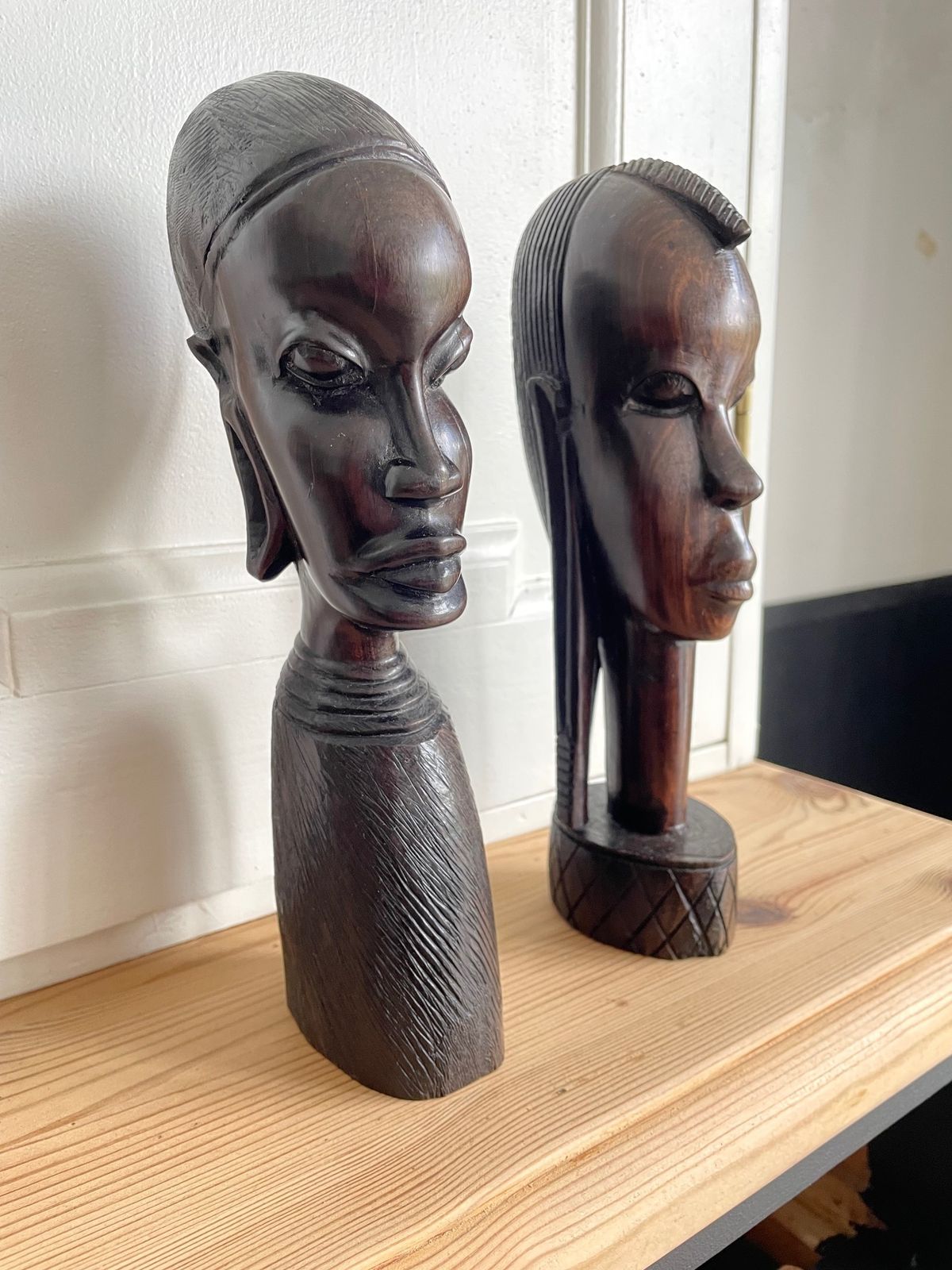 Pair Of Male And Female Ebony Hand Carved African Busts photo vintage