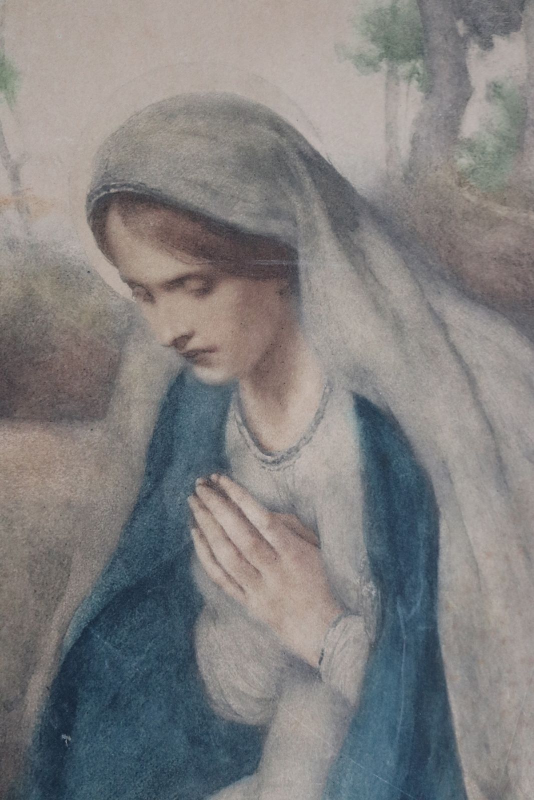 photo furniture Antique Religious Print Mounted With Gold Plaster Frame / Madonna & Child / Mary