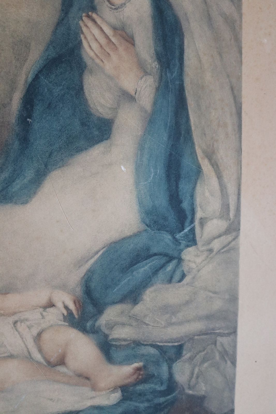 Art Antique Religious Print Mounted With Gold Plaster Frame / Madonna & Child / Mary photo