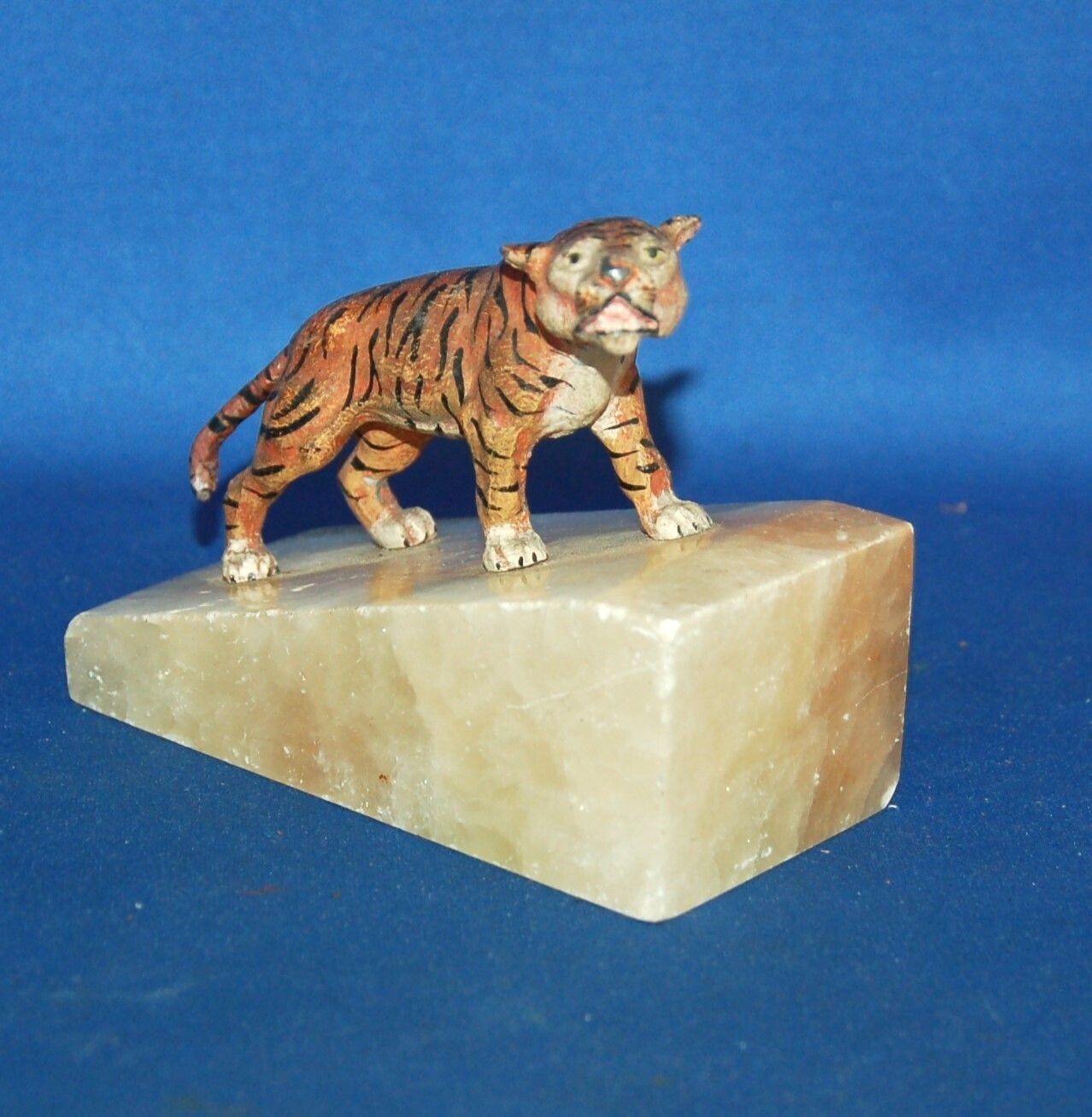 A Super Antique Cold Painted Cast Metal Tiger Figure With Onyx Base, Paperweight
