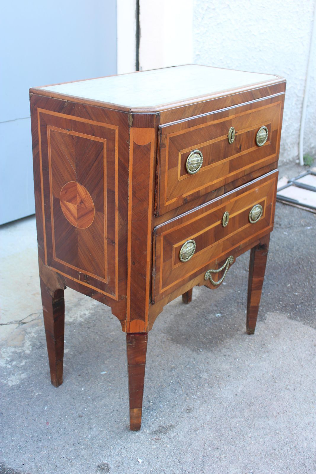 Chest Of Drawers With Two Drawers In Inlaid Wood Louis XV Sicily With Marble photo for sale