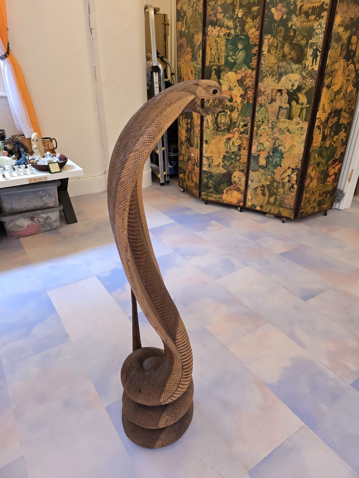 Large Hardwood Mid Century Modern Cobra Snake Statue   Hand Carved Statement Piece photo vinterior