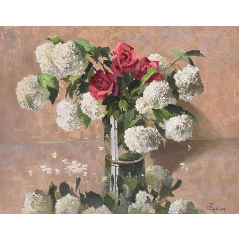 Antique Flower Painting, Still Life, Pink Roses And May Ball, Oil On Canvas, 20th Century. photo for sale